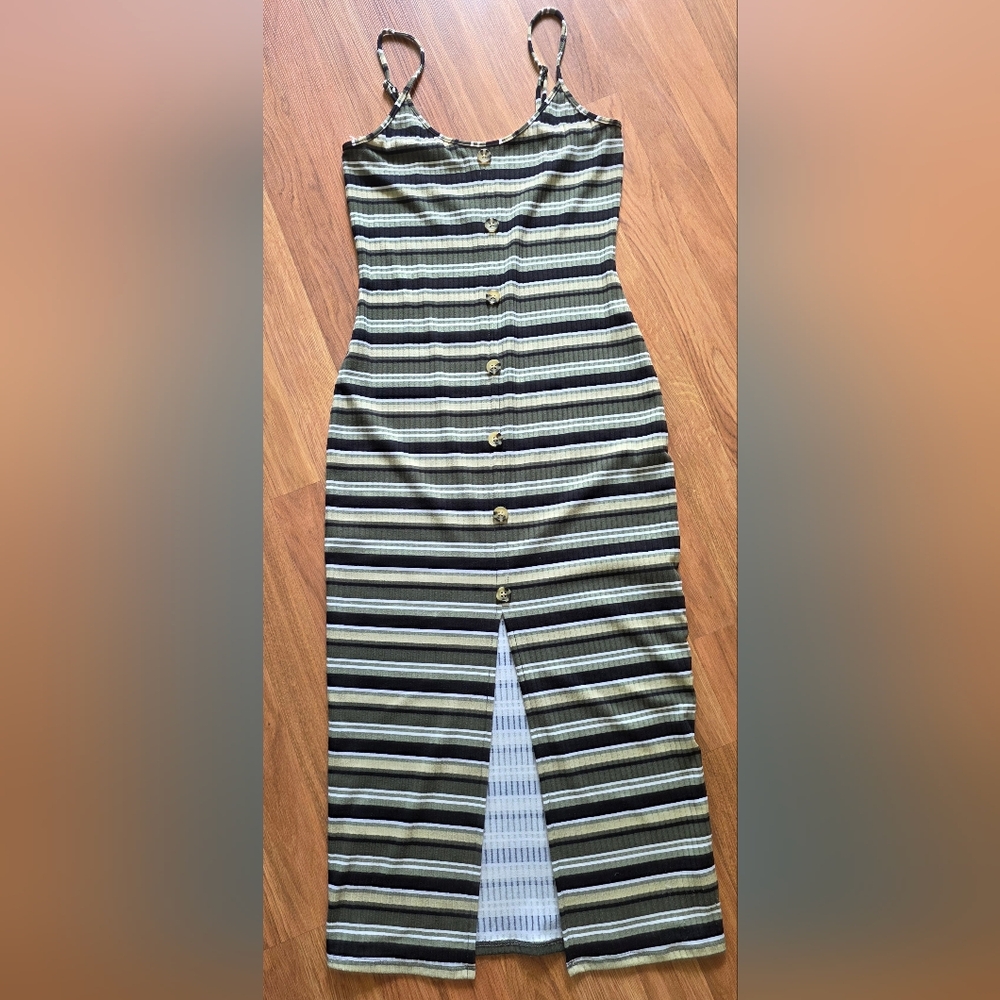 No Boundaries Black, Olive Green, and White Striped Long Strapless Dress